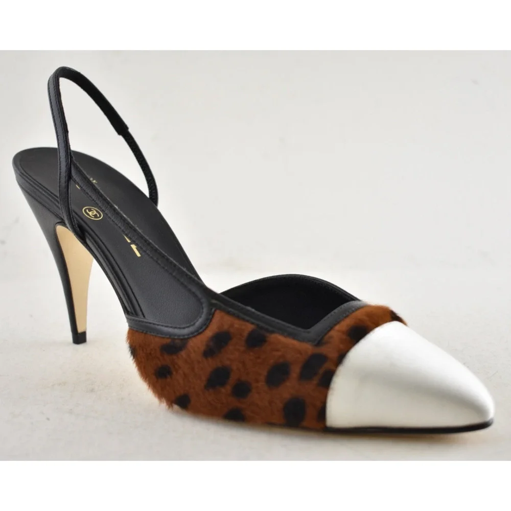Chanel 26A Brown Leopard Black White Sling CC Gold Logo Slingback Heel Pump 36.5